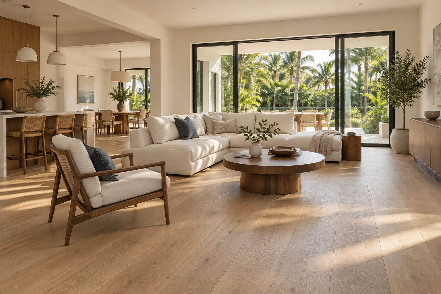 Inspiración de sala luminosa con piso de roble y materiales cálidos